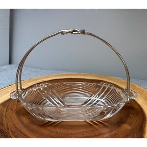 Vintage Oval Glass Serving Dish with Silver Metal Handle 1940s